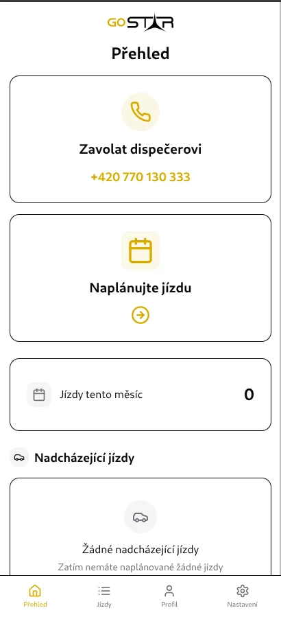 Domovská obrazovka s tlačítky Zavolat a Naplánovat jízdu
