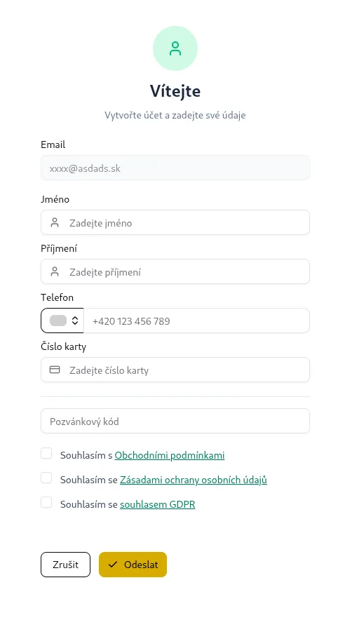 Vyplnění údajů — výchozí formulář s pozvánkovým kódem