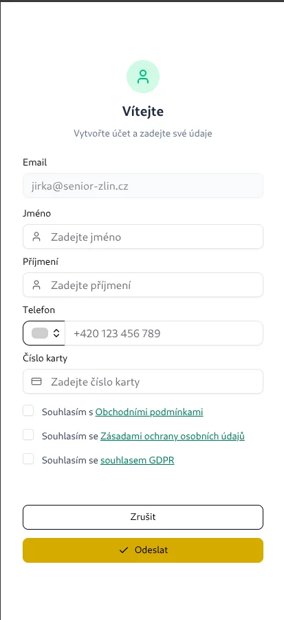 Senior Zlín — formulář prvního přihlášení